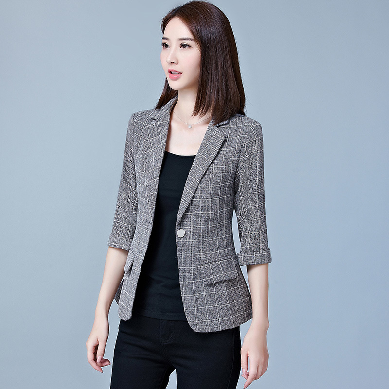 Women Gray Plaid Blazers New Fashion Lady Office Work Suit Pockets Jackets Coat Casual Slim Tops Long Sleeve Femme Blazer 201013