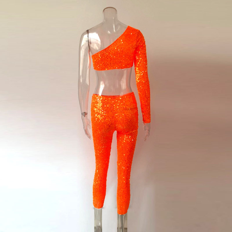Shiny Orange Sequins Two 2 Piece Set One Shoulder Slope Long Sleeve Crop Top Mid-Calf Pencil Pants 2 Pcs Outfits Party Clubwear T200810
