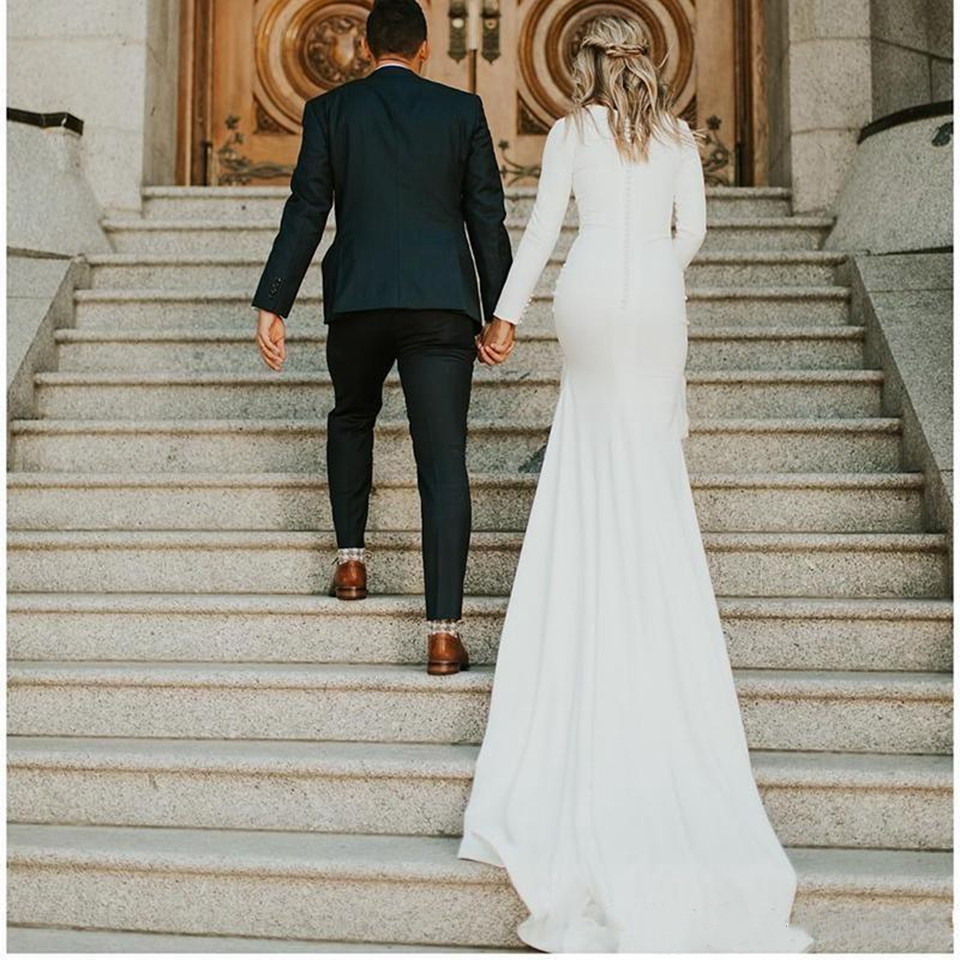 Long Sleeves Muslim Arabic Wedding Dresses Boho Elegant Korea Autumn Winter Plus Size Satin Bridal Gowns Cheap Vestidos De Novia