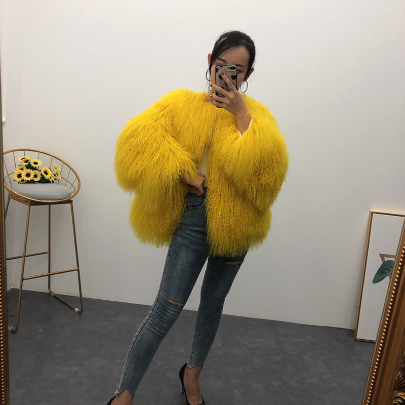 Women Imitation mongolian sheep fur coat ladies leather short style beach wool fur jacket female outerwear
