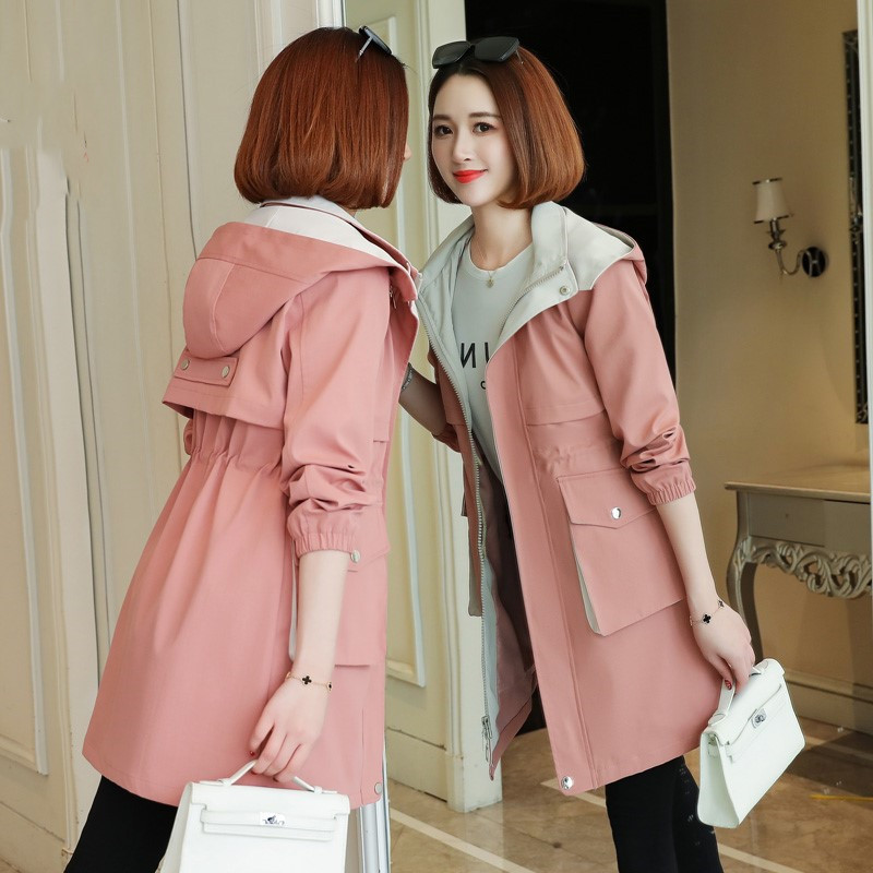 New Fashion Women's Spring Jacket Female Tops Korean Style Waist MidLong Women's Windbreaker Coat Hooded Overcoat Blue Y11 T200811