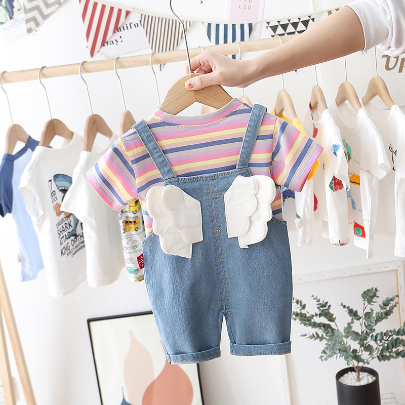 New Toddler Baby Boys Girls Clothing Sets 2Pcs T-shirts+Wing Overalls Rainbow Print Children's T shirt Clothes Fashion Kids SetsX1019