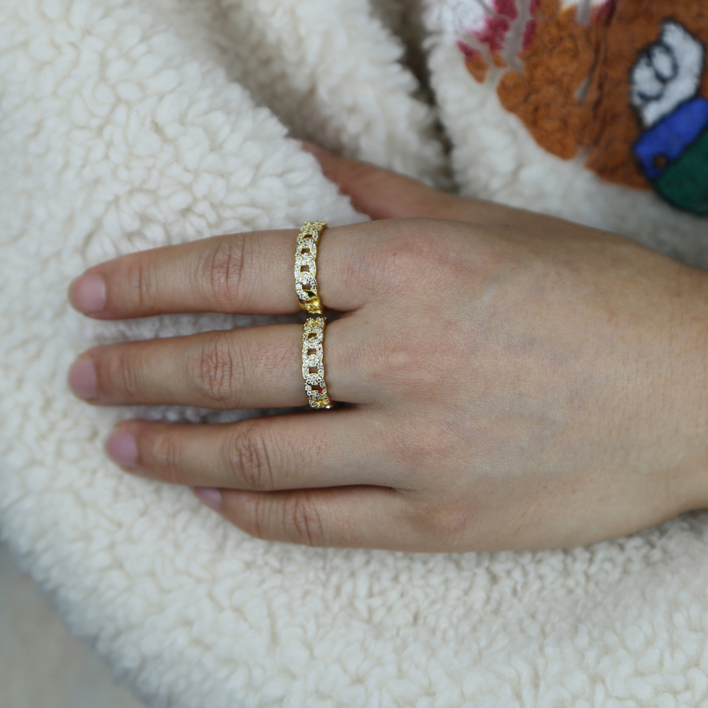 High Quality Micro paved cz Cuban Chain Rings with Gold color open band wedding ring for women lady adjustable finger band ring