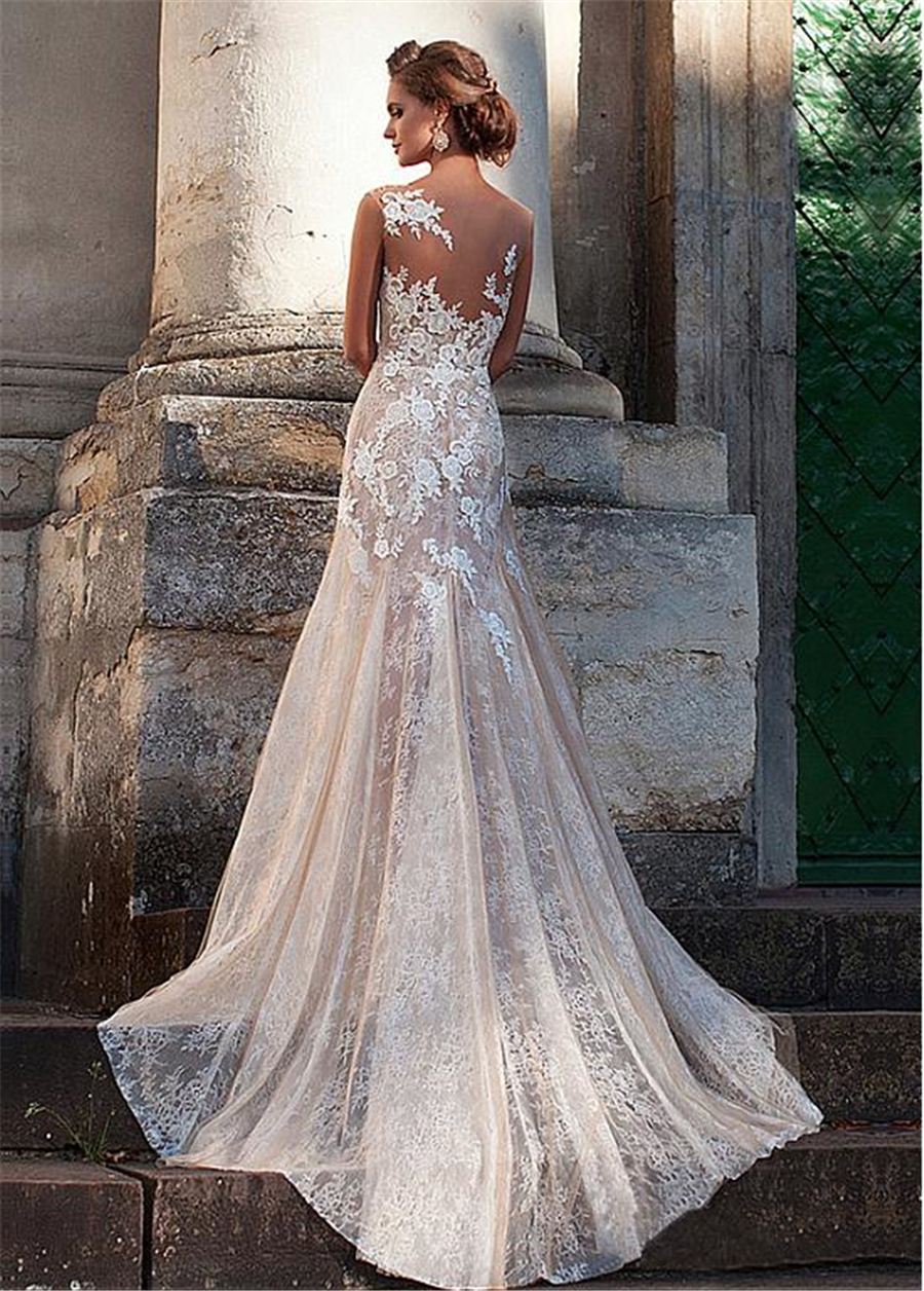 2021 Summer Boho Nude Trumpet Wedding Dress With Lace Appliques Illusion Back Sexy Mermaid Bridal Gowns Long Beach Country Bride Dresses