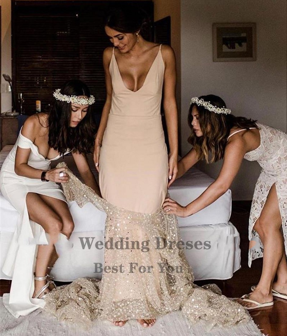 Boho Bride Gowns Champagne Glitter Two Pieces Wedding Dresses With Deatachable Coat Gold Sash 2022 Puff Long Sleeves V Neck robe de mariée