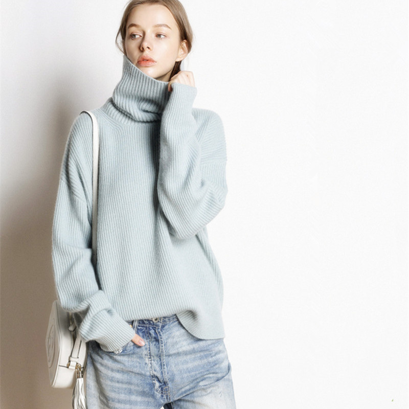 Knitted Women's High-neck Cashmere Sweater Turtleneck High-necked Autumn and Winter Basic Lady Sweater Loose Black 201023