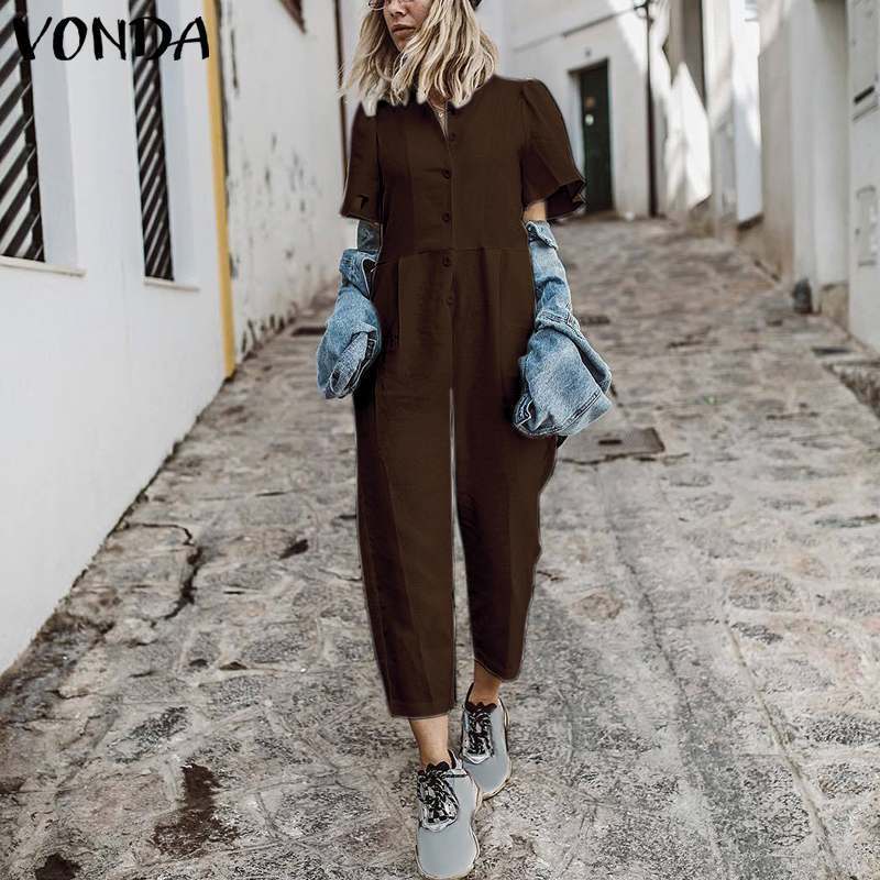 2019 VONDA Women Jumpsuit Summer Romper Sexy Short Sleeve Button Straight Playsuit Casual Cotton Playsuit OL Overalls Plus Size T200303