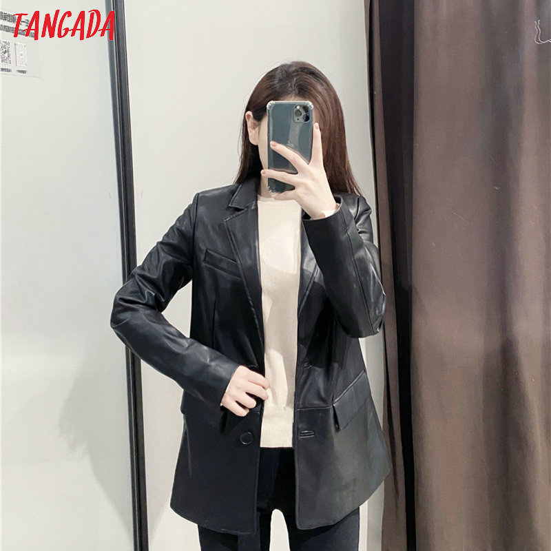 Tangada women vintage black faux leather blazer female long sleeve jacket ladies high street casual blazer suits 6A105 201102