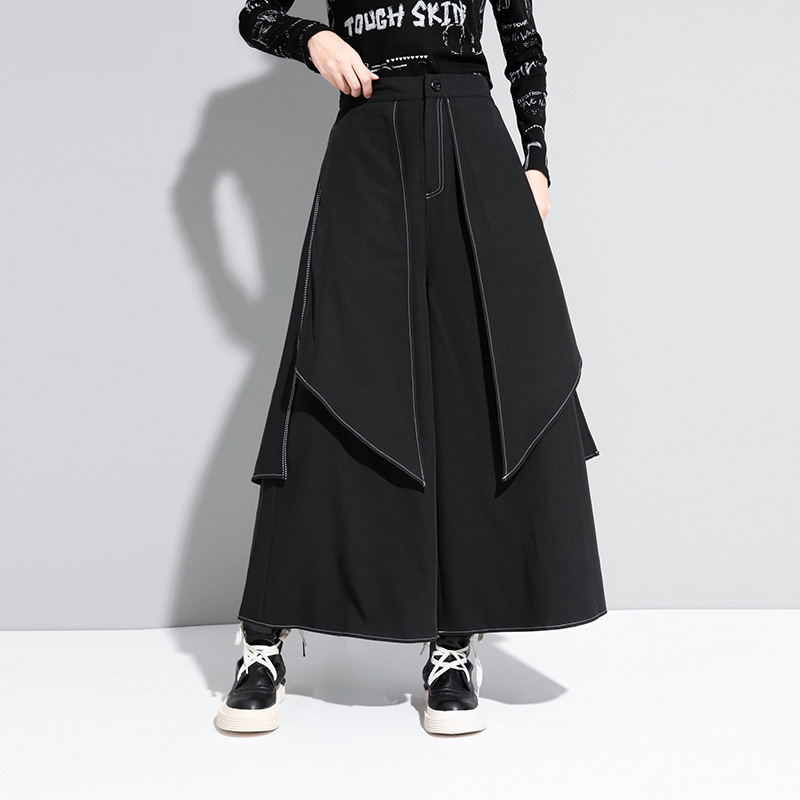 EAM High Waist Black Linen Split Joint Long Wide Leg Trousers Loose Fit Pants Women Fashion Spring Autumn 1DA613 201228