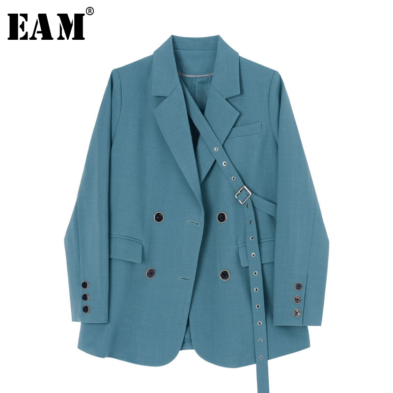 EAM Women Blue Brief Bandage Temperament Blazer Lapel Long Sleeve Loose Fit Jacket Fashion Spring Autumn 1Z155 201114