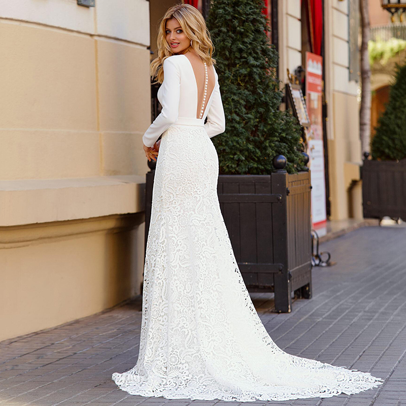 Long Sleeves Mermaid Wedding Dresses 2021 V Neck Lace Satin Lace Bridal Dress Custom Made Backless Wedding Gowns Vestido De Noiva