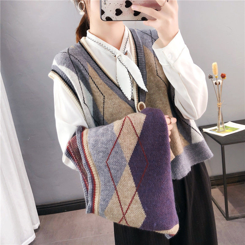 Cardigan vest women knit autumn and winter loose check sleeveless waistcoat sweater vest jacket college style 201223