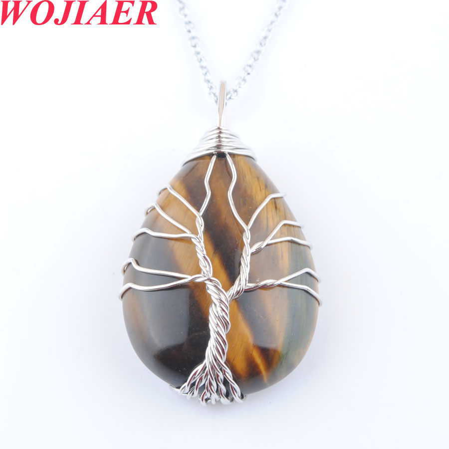 WOJIAER Mix Crystal Natural Stone Tree of Life Necklace Opal Green Howlite Onyx Water Drop Bead Twining Pendant 6PCS DBO912