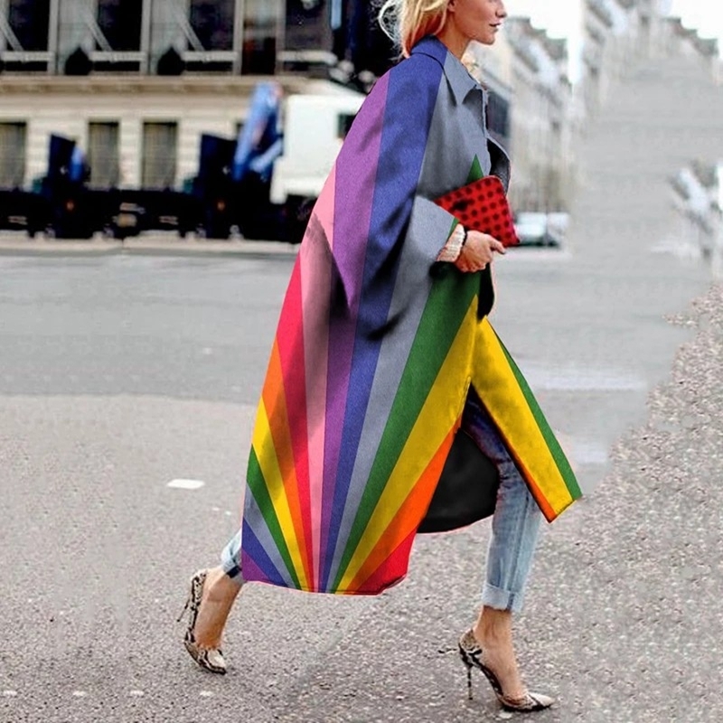 Women Winter Coat Long Length Flared Sleeve Printed Loose Windbreaker Straight Type Lapel Women Coat 201211