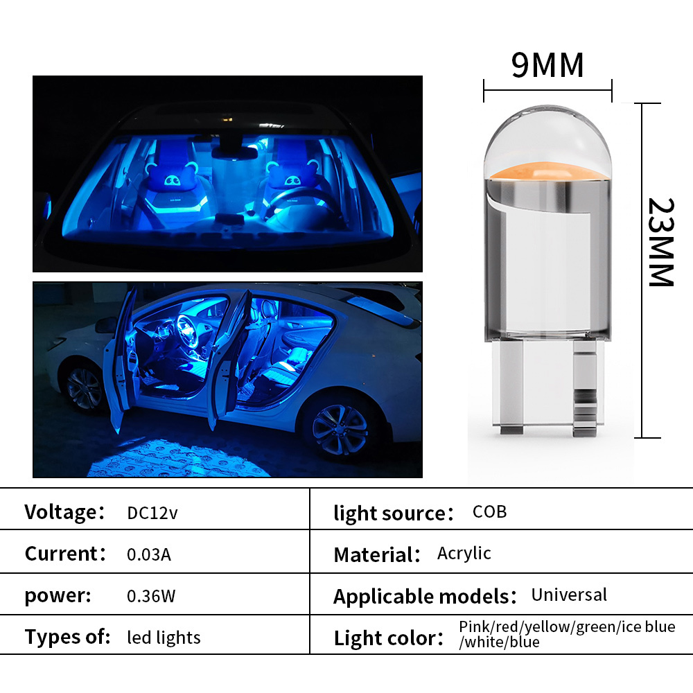 10pcs Car LED T10 W5W COB Reading Dome Lamp 168 194 192 Marker Light Wedge Lights License Plate Bulbs 6000K 12V White Red Blue