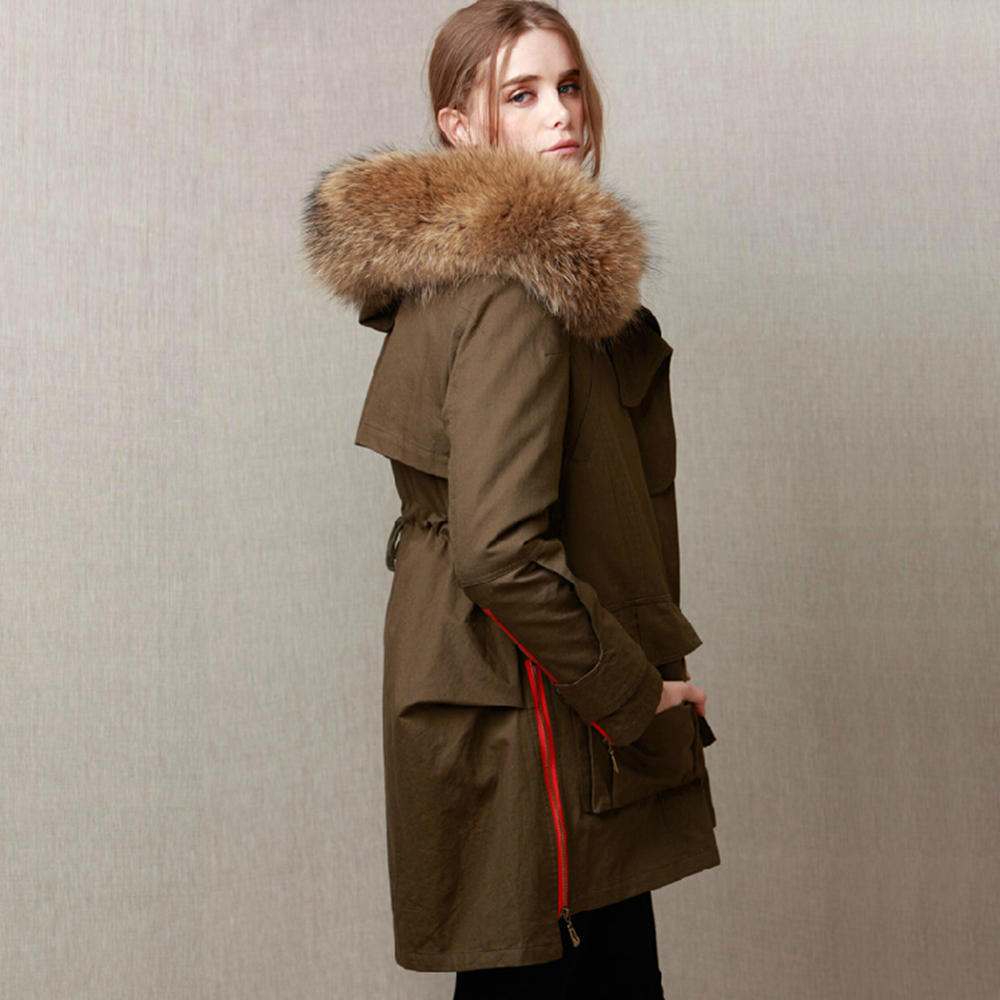 JAZZEVAR Women Winter jacket Army Green detachable Large Real Raccoon Color Fur Collar female Parkas Hooded Coat 2in1 Outwear 200928