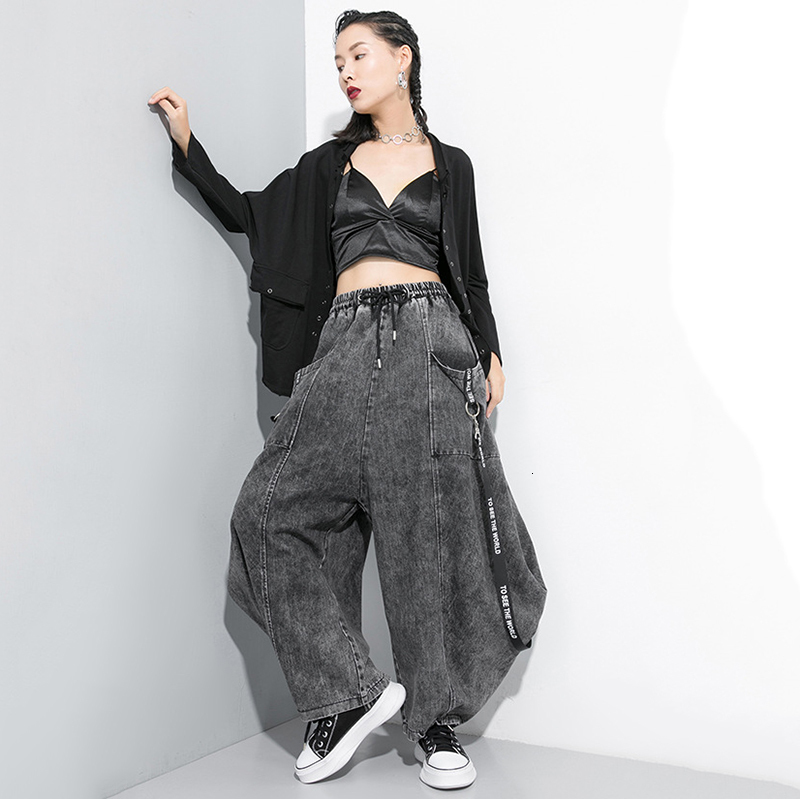 EAM Wide Leg Black Big Size Ribbon Stitch Jeans New High Waist Loose Women Trousers Fashion Spring Autumn 1D202 201109