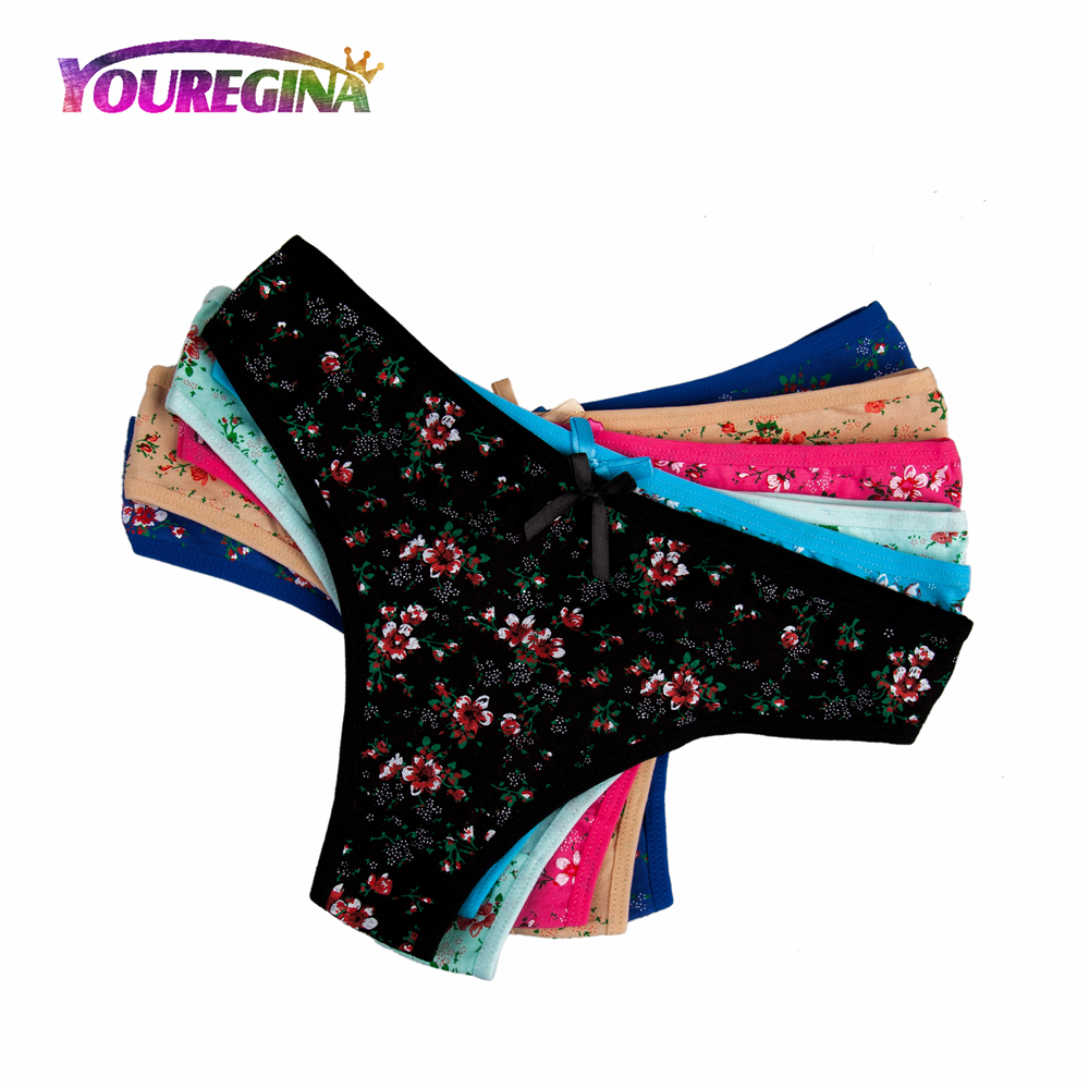 YOUREGINA Women Sexy G-strings Thongs Underwear Cotton Panties Cute Flower Floral Print Ladies Lingerie for Women 6pcs/lot 201112