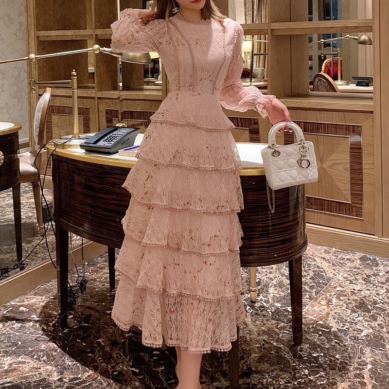 Pink Lace Embroidery Maxi Dress Female spring Winter Full sleeve high waist Ruffle elegant Long party dresses Woman 201028