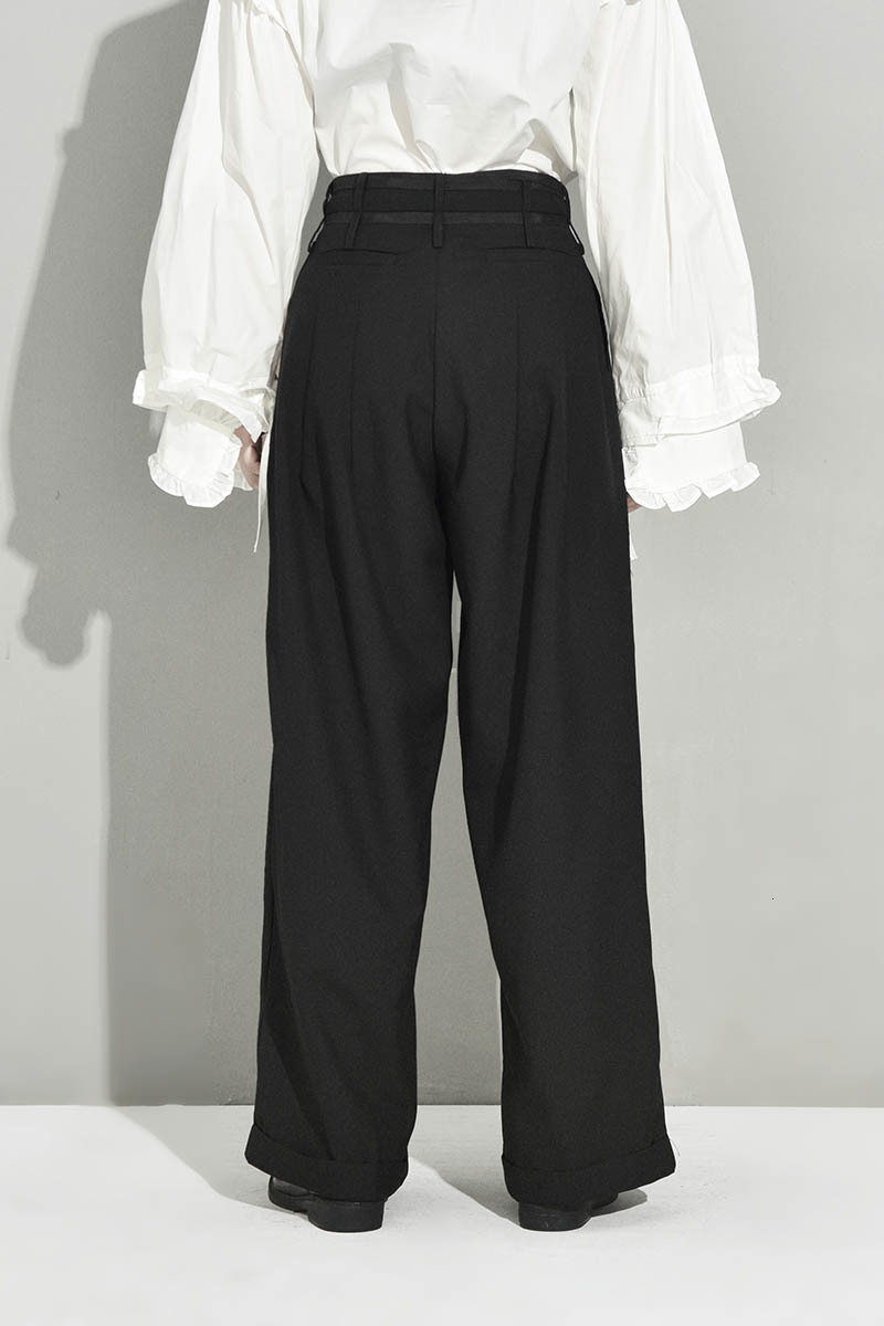 [EAM] High Waist Black Pleated Bandage Long Wide Leg Trousers New Loose Fit Pants Women Fashion Tide Spring Autumn JX39901 201111