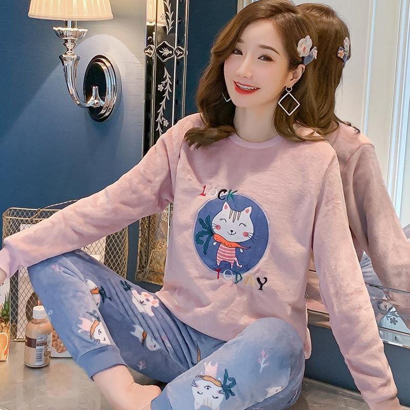 Autumn Winter Women Pyjamas Sets Pajamas Sleepwear Suit Thick Warm Coral Flannel Nightgown Female Cartoon Animal 201113