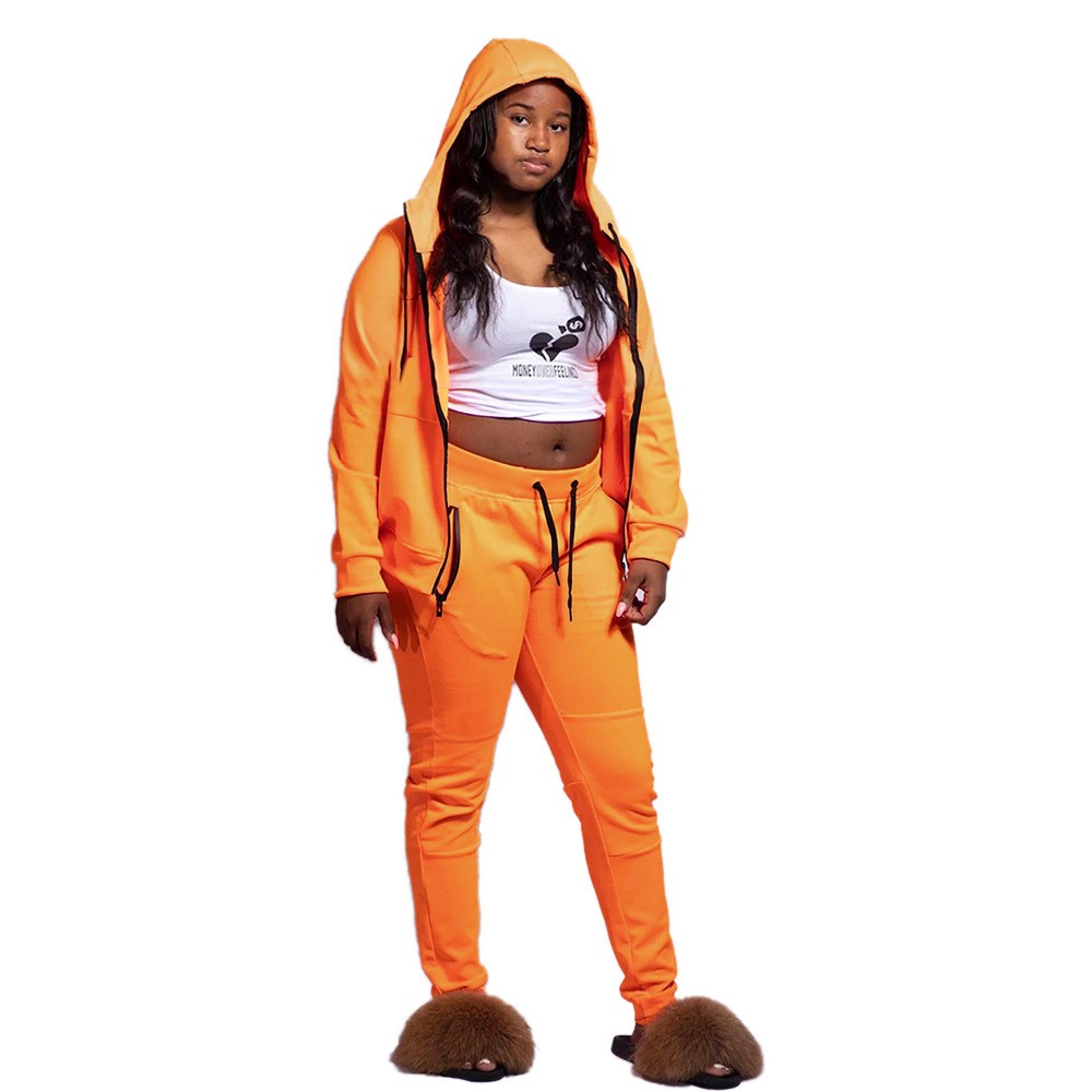 Women Fashionable pants Clothing Solid Color Long Sleeve Two Piece Hooded Loose Fashion Casual Women's Sports Suit
