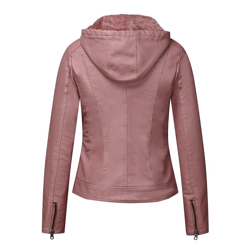 2020 autumn solid cashmere PU leather jacket plus size hooded stand collar slim outwear female casual coats veste en cuir femme