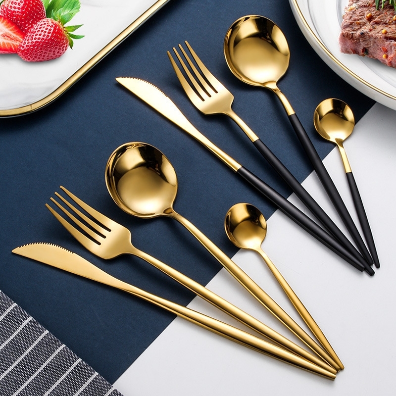 24Pcs/set Black Gold Dinnerware Set Stainless Steel Cutlery Set Knife Fork Spoon Flatware Tableware Silverware Drop Shipping 201119
24Pcs/set Black Gold Dinnerware Set Stainless Steel Cutlery Set Knife Fork Spoon Flatware Tableware Silverware Drop Shipping 201119