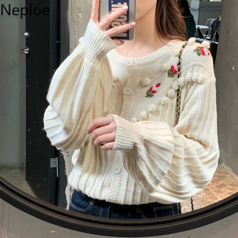neploe elegant flower knitted cardigans women preepy style sweet chi short student pull femme o neck patch autumn sweater 46630 201111wtt