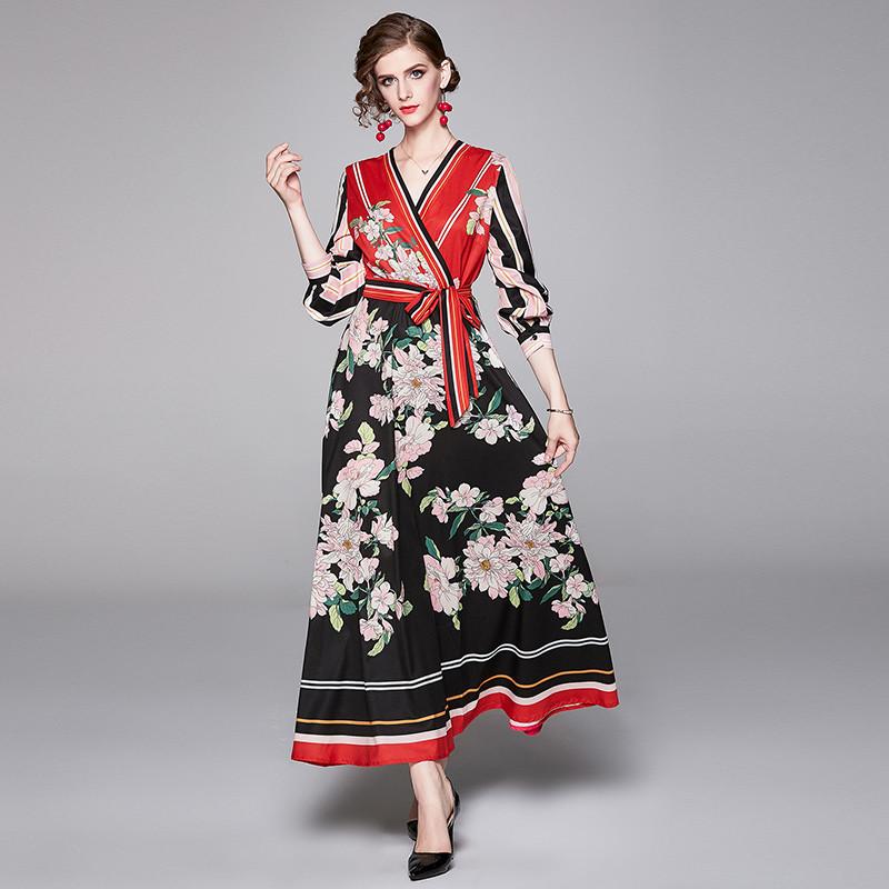 Floral Printed Summer Long Dress Women Vintage V-Neck Lace Up Long Sleeve Runway Party Dress Office Striped Maxi Boho B246, Red
Floral Printed Summer Long Dress Women Vintage V-Neck Lace Up Long Sleeve Runway Party Dress Office Striped Maxi Boho B246, Red