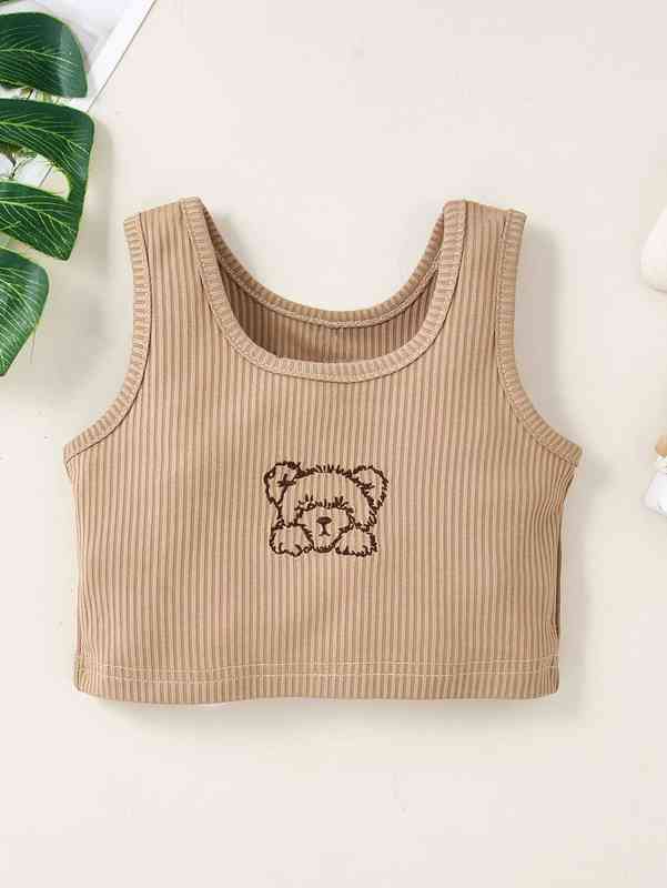 Baby Bear Embroidery Tank Top & Plaid Pants SHE