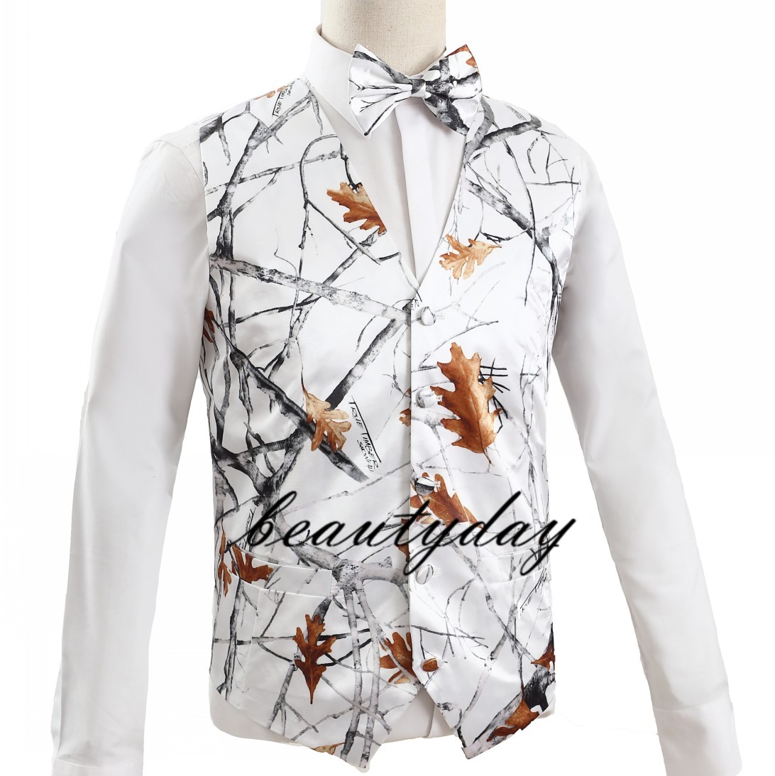 2023 New Camo Groom Vests Country Farm Groomsmen Vest Slim Fit Mens Suit Vest Prom Wedding Waistcoat Attire Hunter (Vest+Bow) Real Imag