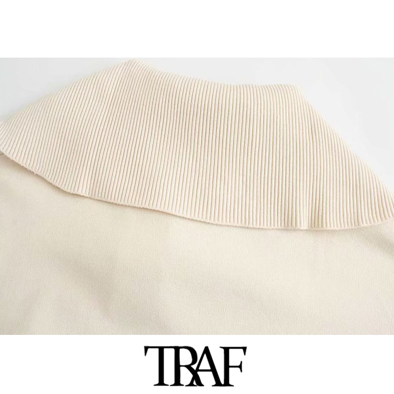TRAF Women Fashion Ribbed Trim Loose Knitted Zip-up Sweaters Vintage High Collar Long Sleeve Female Pullovers Chic Tops 201128