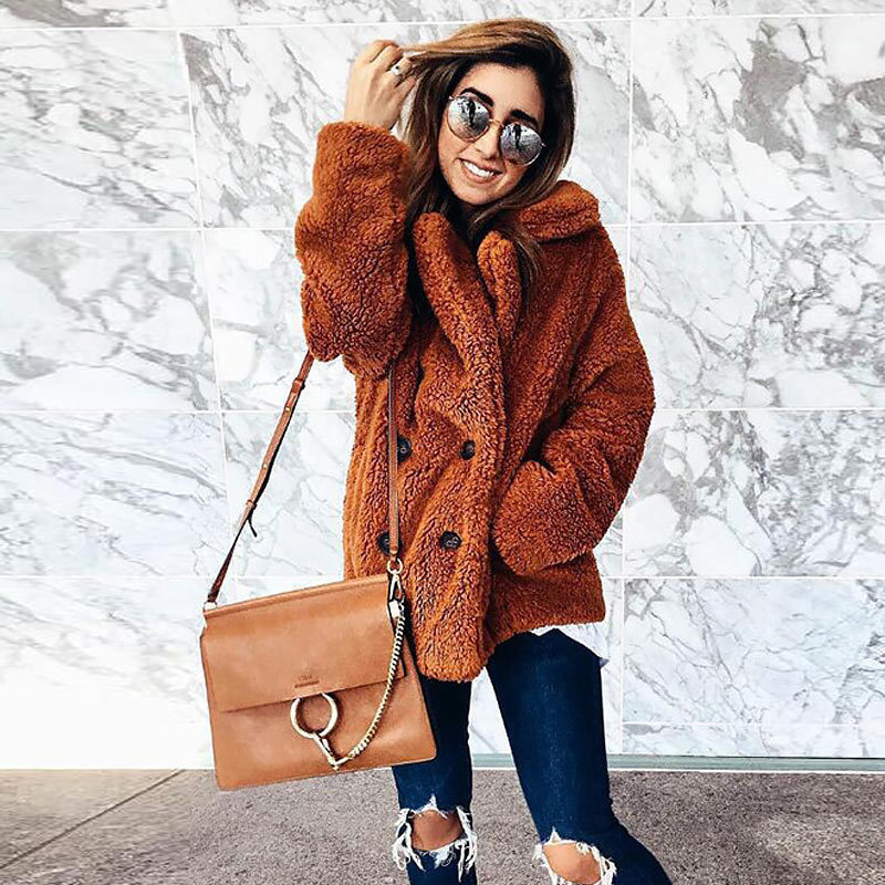 Women winter jacket fashion new doublebreasted sweaters lapel loose fur jacket women outwear women coat ladies jacket T200212