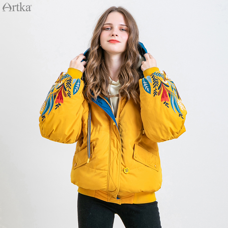 ARTKA New Women Winter Jacket Vintage Embroidery Short Thicken Warm Coat Oversize Lantern Sleeve Hooded Outwear MA15092D 201017
