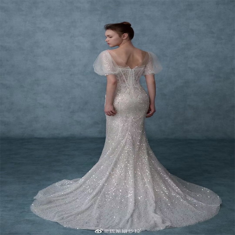Modern Design Mermaid Wedding Dresses With Bling Bling Sequins Beads Bridal Gown Chic Jewel Short Sleeves Vestidos De Novia Custom Made Chen