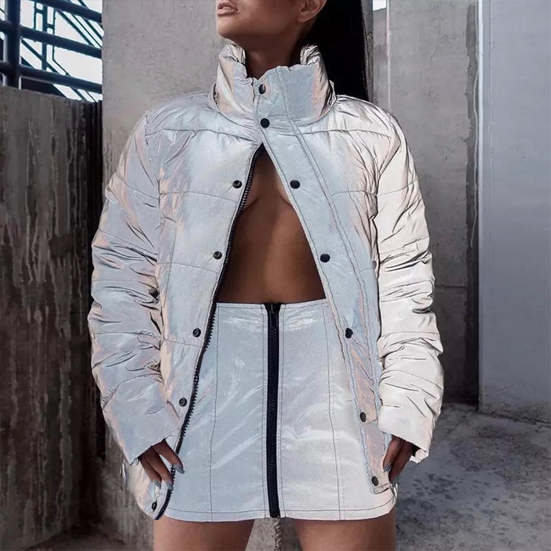 Reflective Gray Zipper Oversized Women Jackets Long Sleeve Button Loose Thick Cropped Jacket Sexy Streetwear Coat Winter 201027