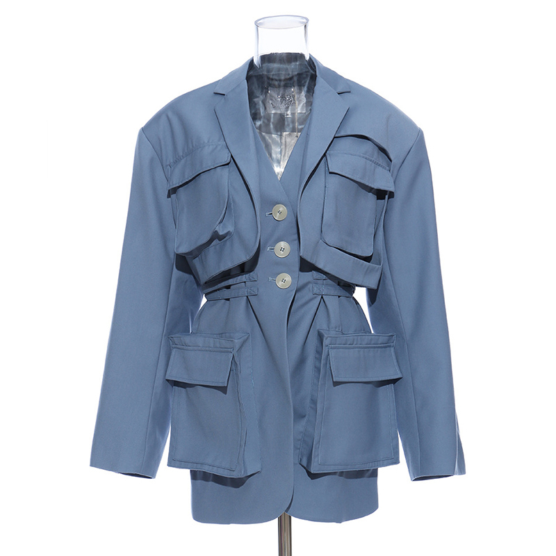 EWQ Autumn Casual Women Blazer Notched Collar Long Sleeve Lace Up Patchwork Pockets Female Jacket Fashion Clothes 201114