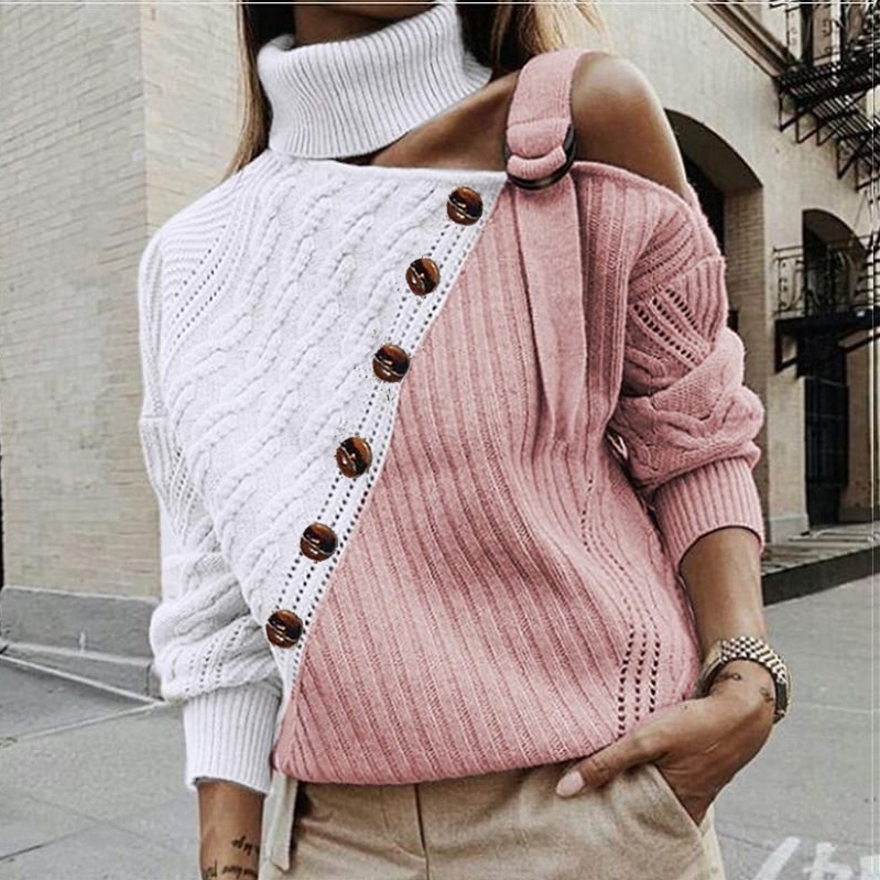 Fashion Button Turtleneck Knitted Sweaters Women Jumper Autumn Winter Strap Pullover Long Sleeve One Shoulder Knitwear Female 201221