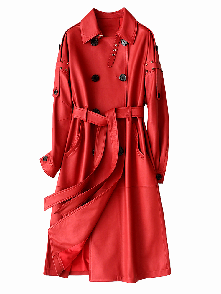 Lautaro Long red leather trench coat for women Plus size faux leather coat women Runway fashion Spring coat for women 7xl 201029