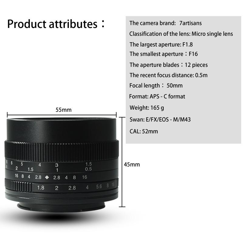 7artisans 50mm F1.8 Large Aperture Portrait Manual Focus Micro Camera Lens for Canon Mount E-Mount Fuji FX-Amount Camera Lens
7artisans 50mm F1.8 Large Aperture Portrait Manual Focus Micro Camera Lens for Canon Mount E-Mount Fuji FX-Amount Camera Lens