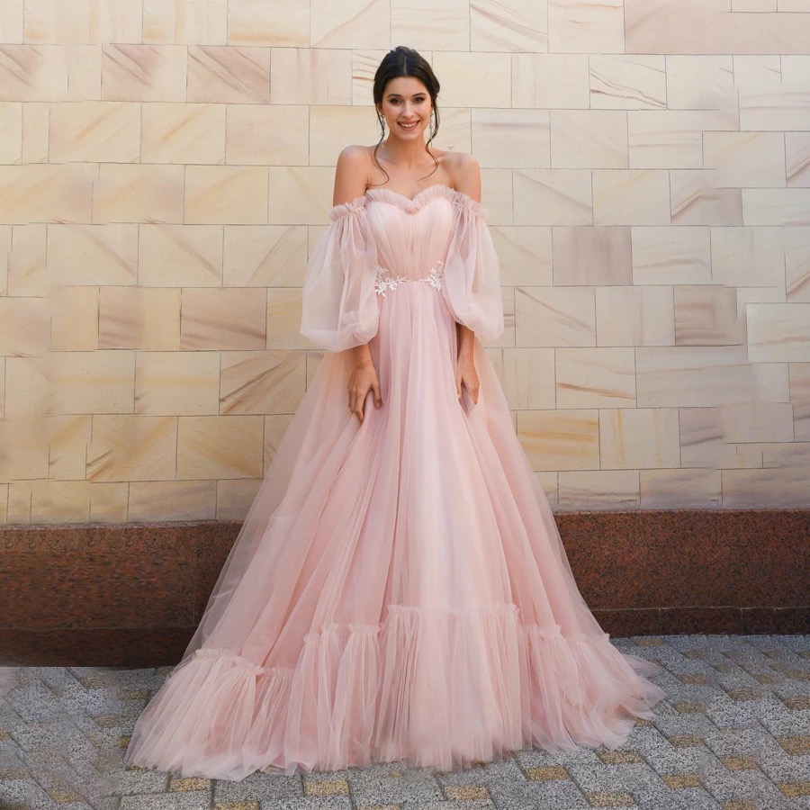 Sweety Pink Puffy Sleeve A Line Prom Dresses 2024 Sweetheart Appliques Pleat Ruched Floor Length Elegant Formal Party Evening Gowns Off Shoulder Engag