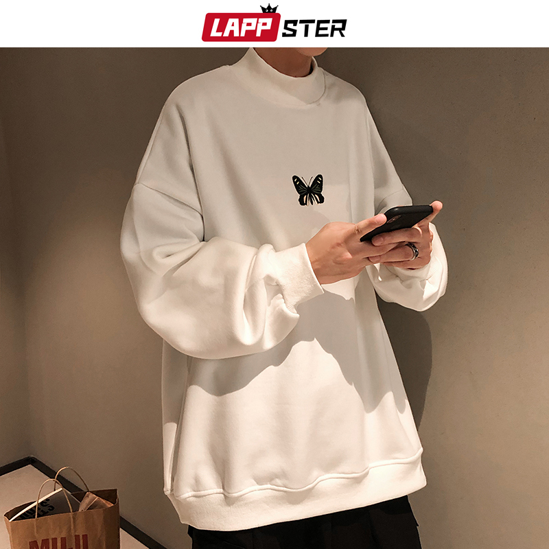LAPPSTER Oversized Men Butterfly Embroidery Hoodies Pullover Mens Japanese Harajuku Hoodie Male Fleece Black Sweatshirts 201113