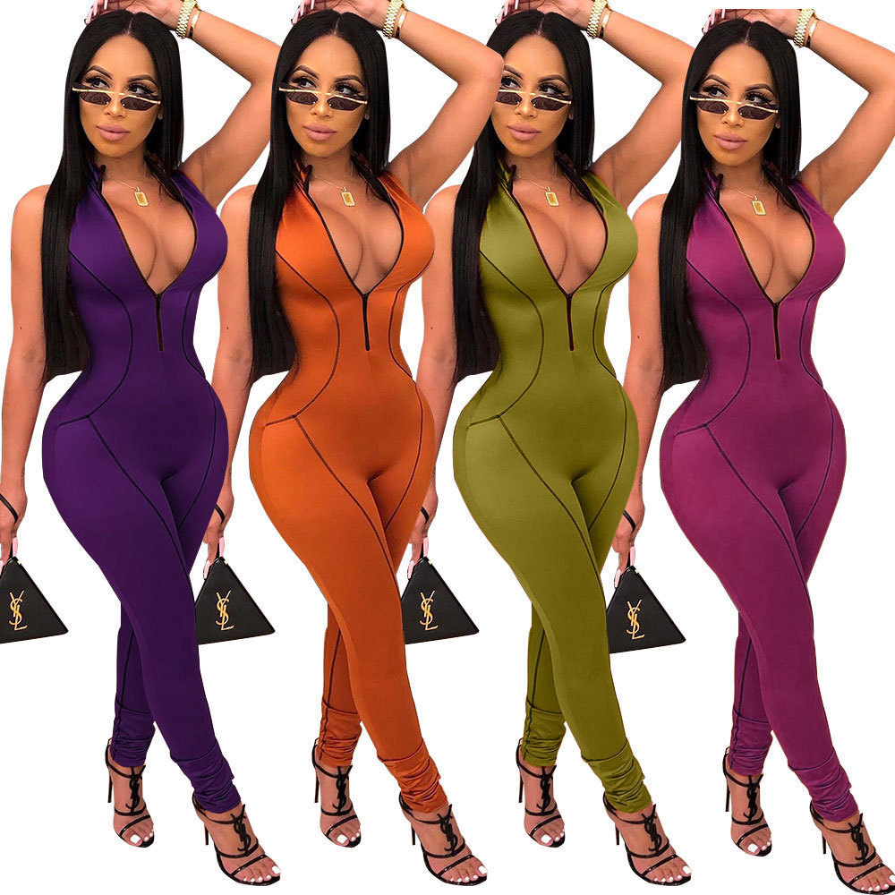 ANJAMANOR Zipper Striped Sleeveless Bodycon Jumpsuits for Women Plus Size Sexy One Piece Club Outfits Rompers D30-AC63 T200509