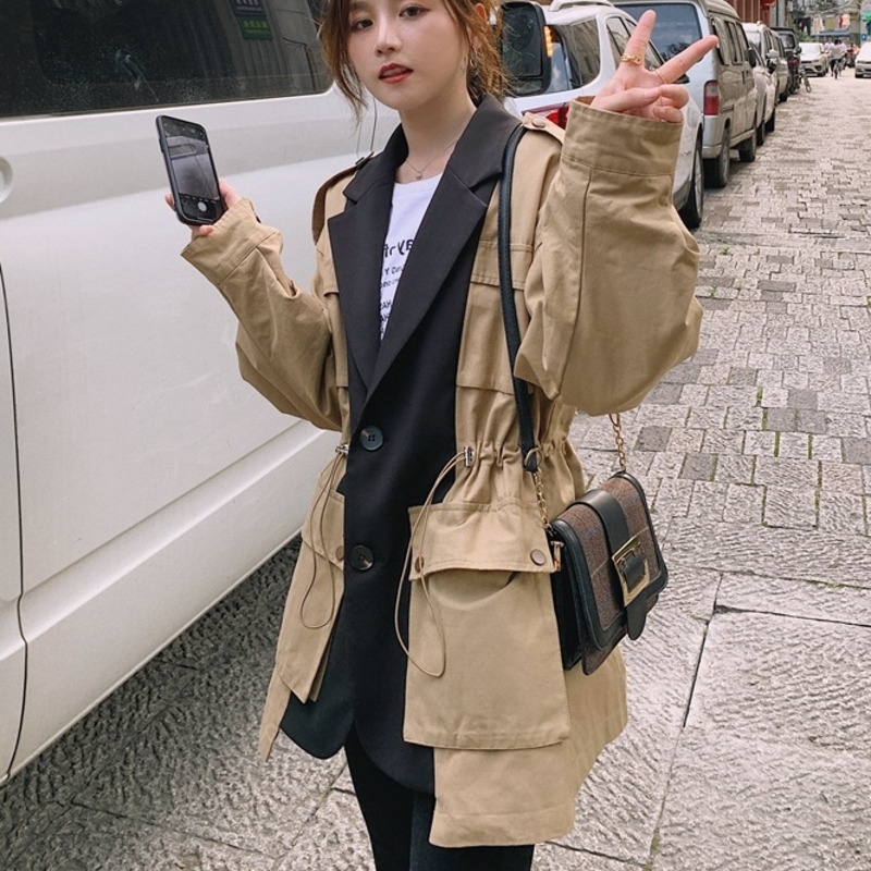 [EWQ] New Autumn Full Sleeve Notched Pocket Drawstring Wild Coat Fashion Women Jackets Safari Style Loose Patchwork LJ201128