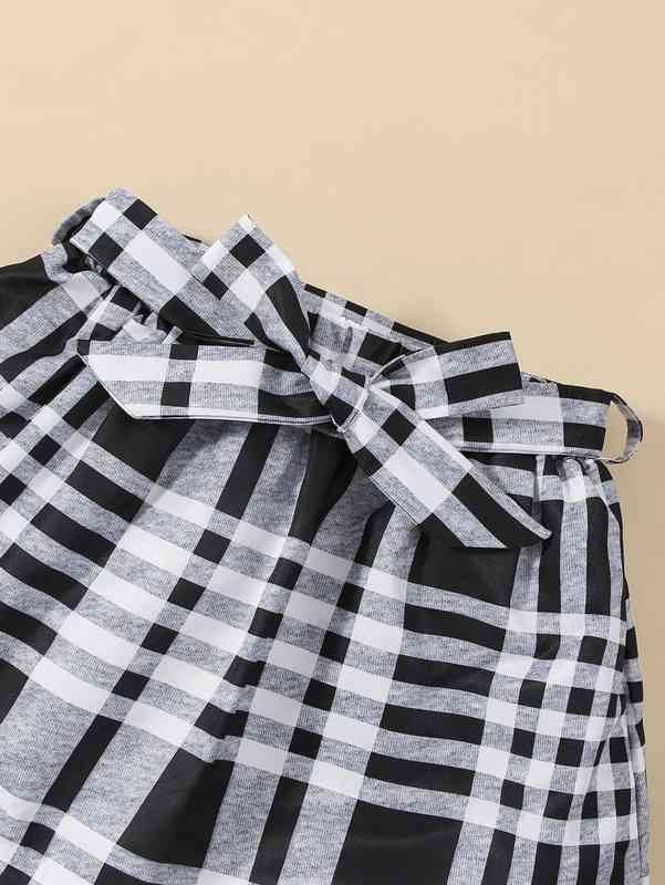 Baby One Shoulder Contrast Polka Dot Mesh Top & Plaid Belted Skirt SHE