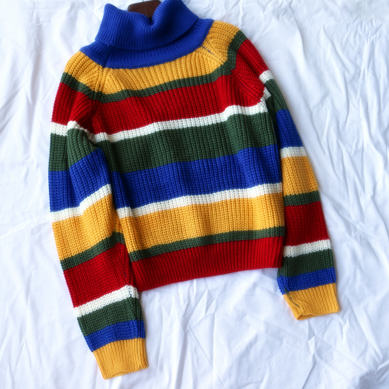 Harjuku Contrast Stripes Roll Turtle Neck Knitted Jumper Turtleneck Sweater with Embroidery WEIRDO Oversized Top For Women / 201221