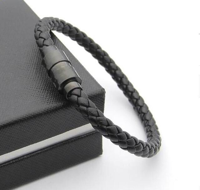 Promotion Men Magnetic Buckle Black Leather Braid charm Bracelet Fashion Jewelry Silver Wholesale price Bracelets For Men Gift ( No Box )