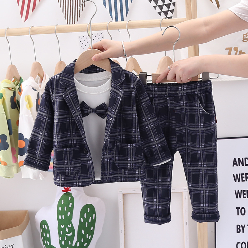BOY'S Tailored Suit Spring and Autumn New Style Children Plaid Suit Formal Dress Long Sleeve Korean-style CHILDREN'S Three-pieceX1019