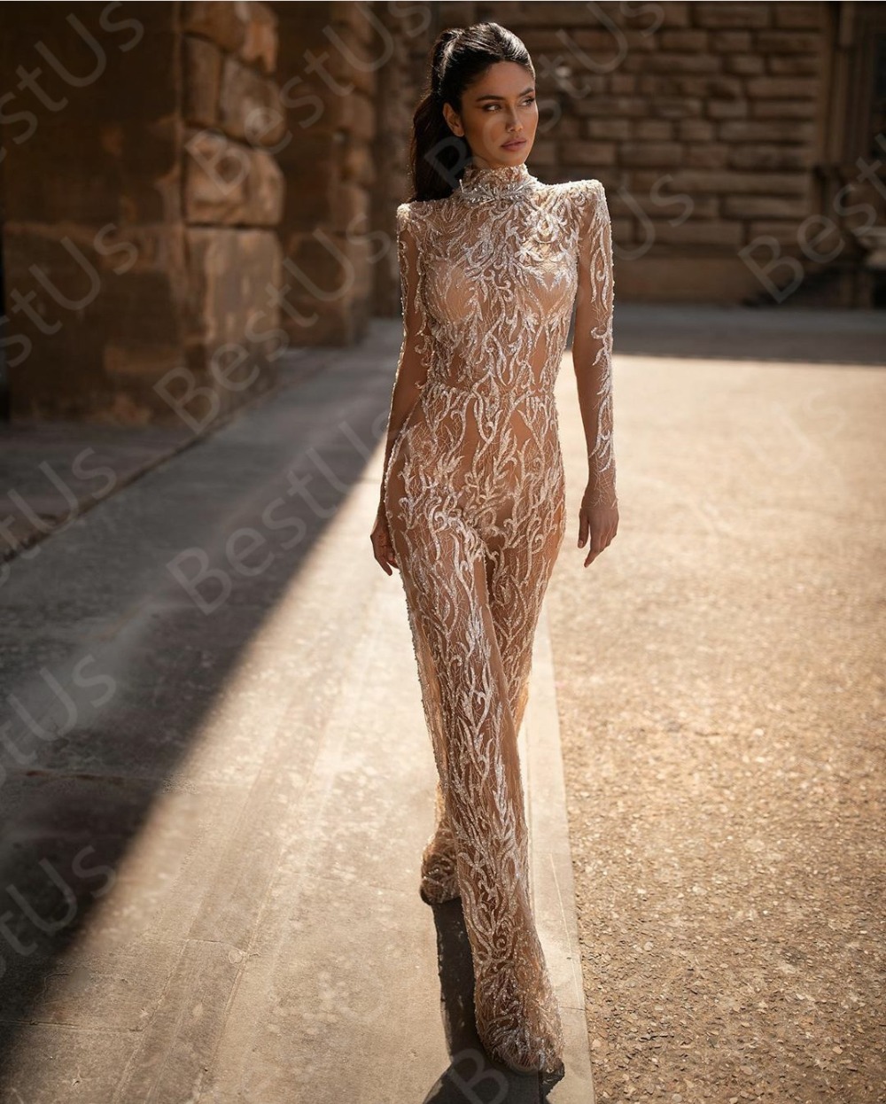 Illusion Prom Dresses High Collar Lace Applique Elegant Formal Dress With Jacket Long Sleeve Beaded Jumpsuits robes de soirée